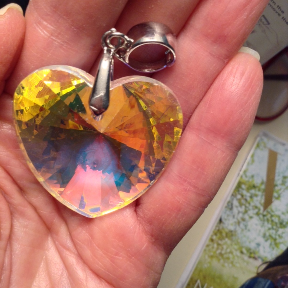 Three Heart Pendants Pink Blue and Clear Aurora Borealis And Three Chains